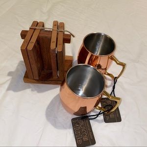 NWT Copper Moscow Mule Mugs (2) and Wood Coaster Set